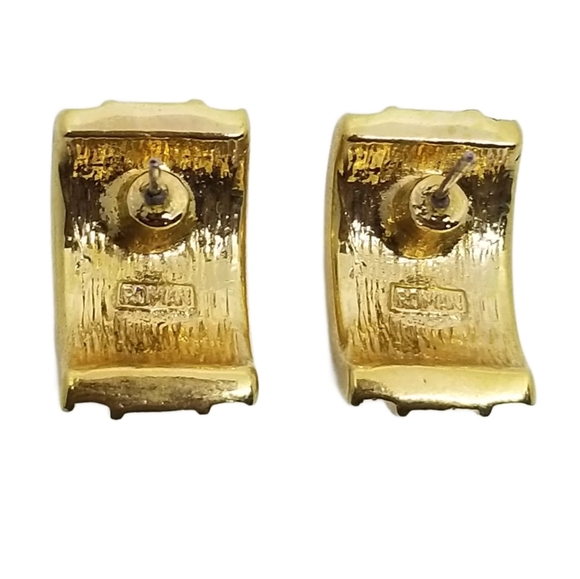 ROMAN VINTAGE GOLDTONE & WHITE RHINESTONE EARRINGS - Picture 5 of 6